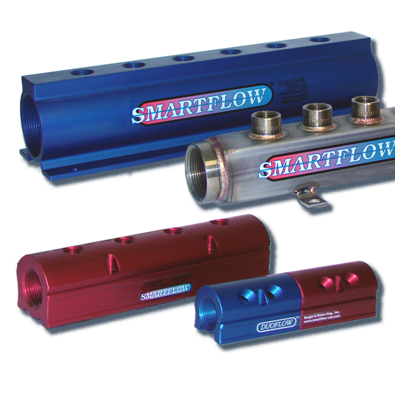 Smartflow manifolds in various sizes in anodized aluminum and stainless steel