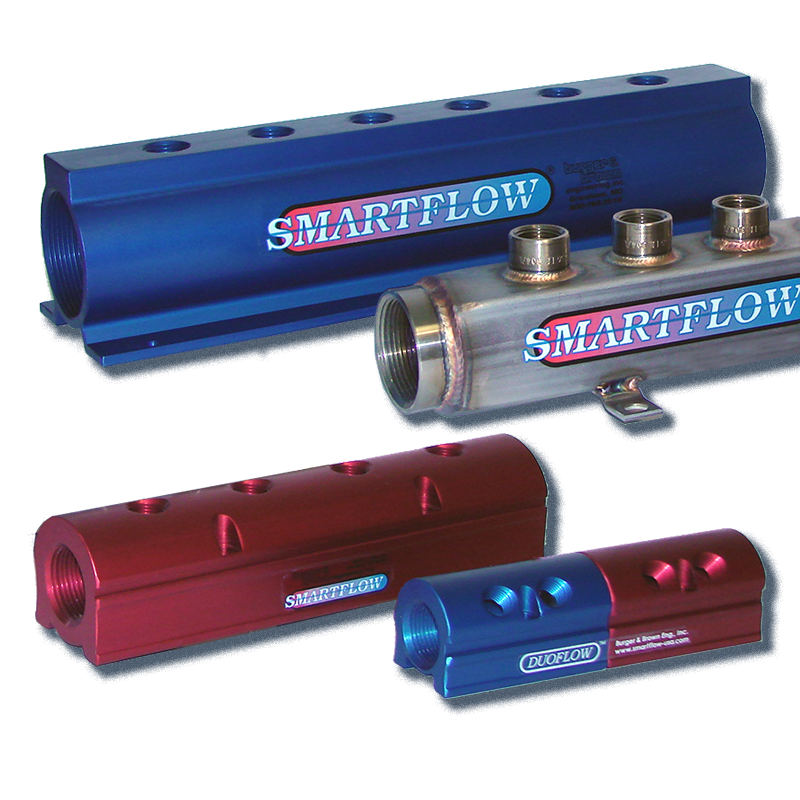 Smartflow manifolds in various sizes in anodized aluminum and stainless steel